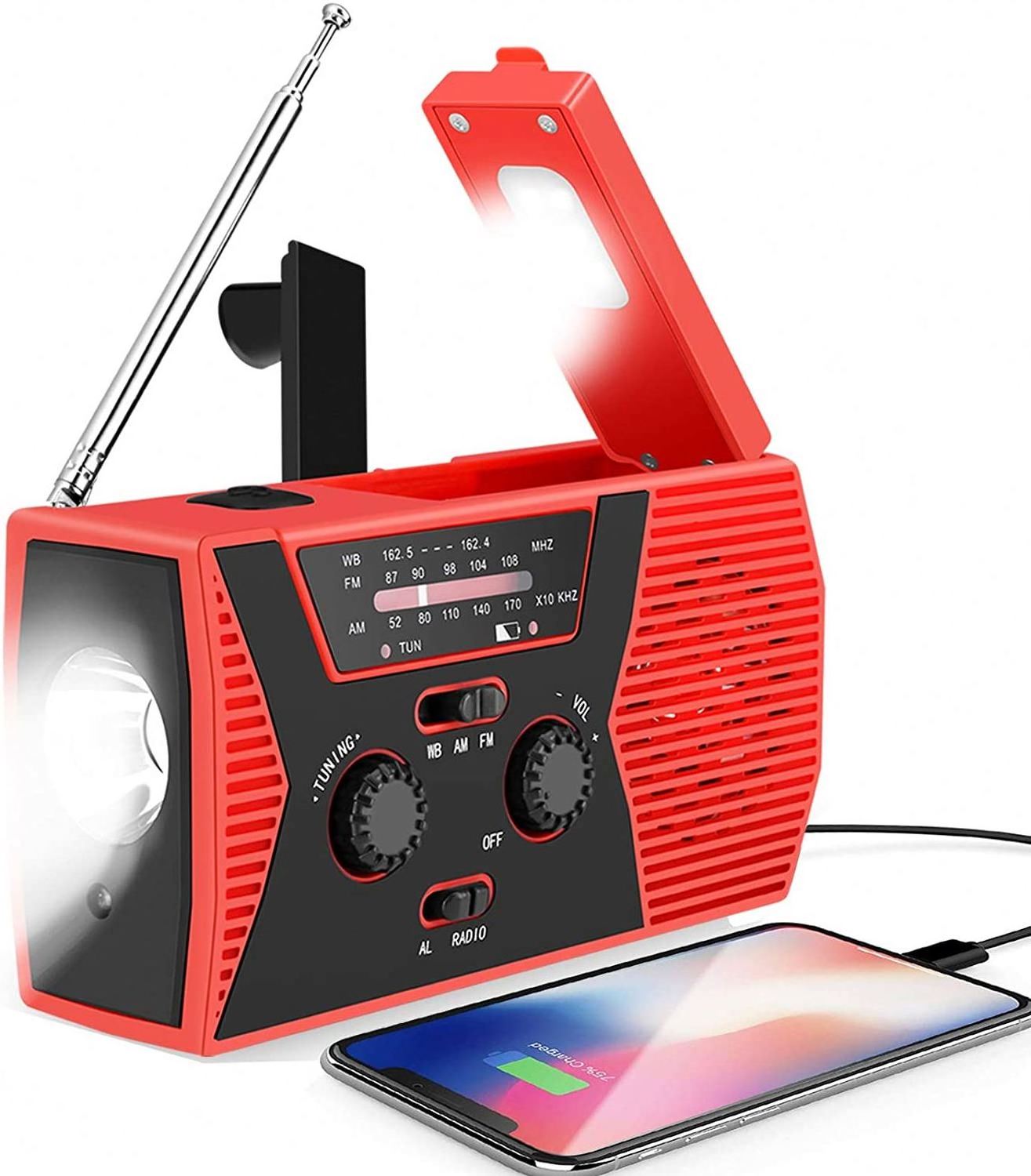 Radio Kurbel Notfall Multifunktionales Radio, Wiederaufladbar 2000 mAh AM FM Notfallradio Kurbelradio LED Taschenlampe Handy