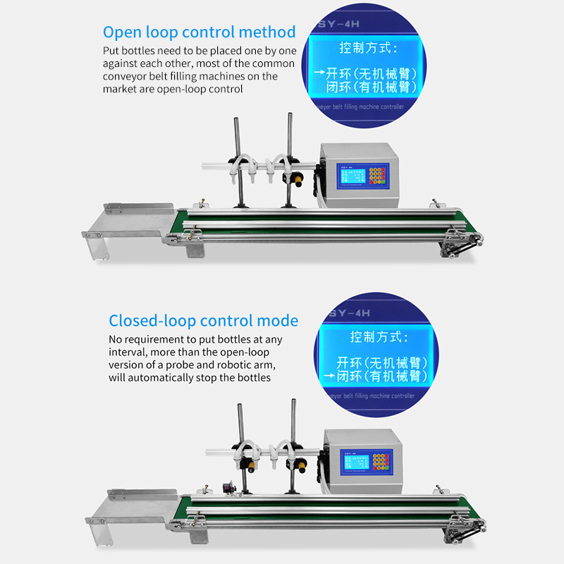 Best-selling Digital Control Continues Desktop Four Nozzles Water Oil Sauce Juice Liquid Filling Machine With Conveyor Belt