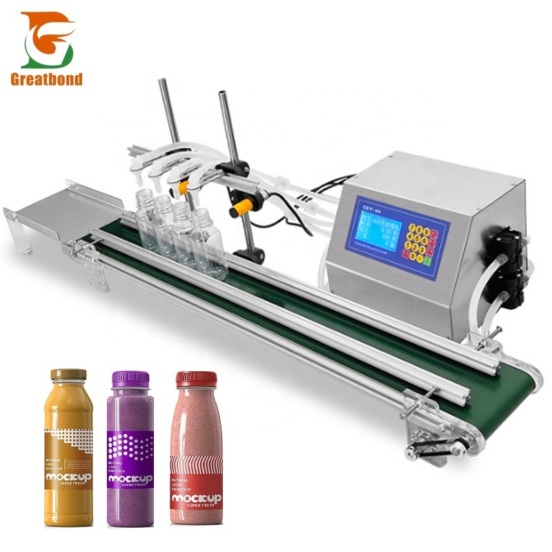 Best-selling Digital Control Continues Desktop Four Nozzles Water Oil Sauce Juice Liquid Filling Machine With Conveyor Belt