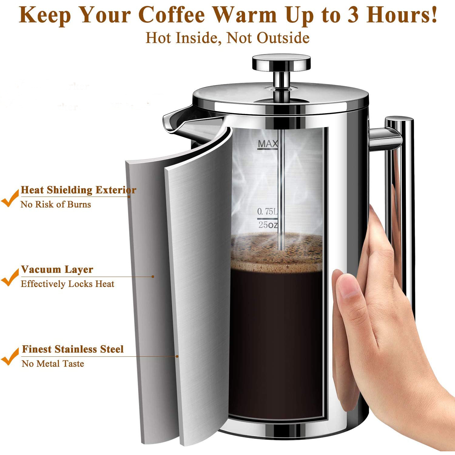 600ml 800ml Double Wall Coffee Maker 304 Stainless Steel Vacuum Cafetiere French Press Lid Modern Metal Design French Press