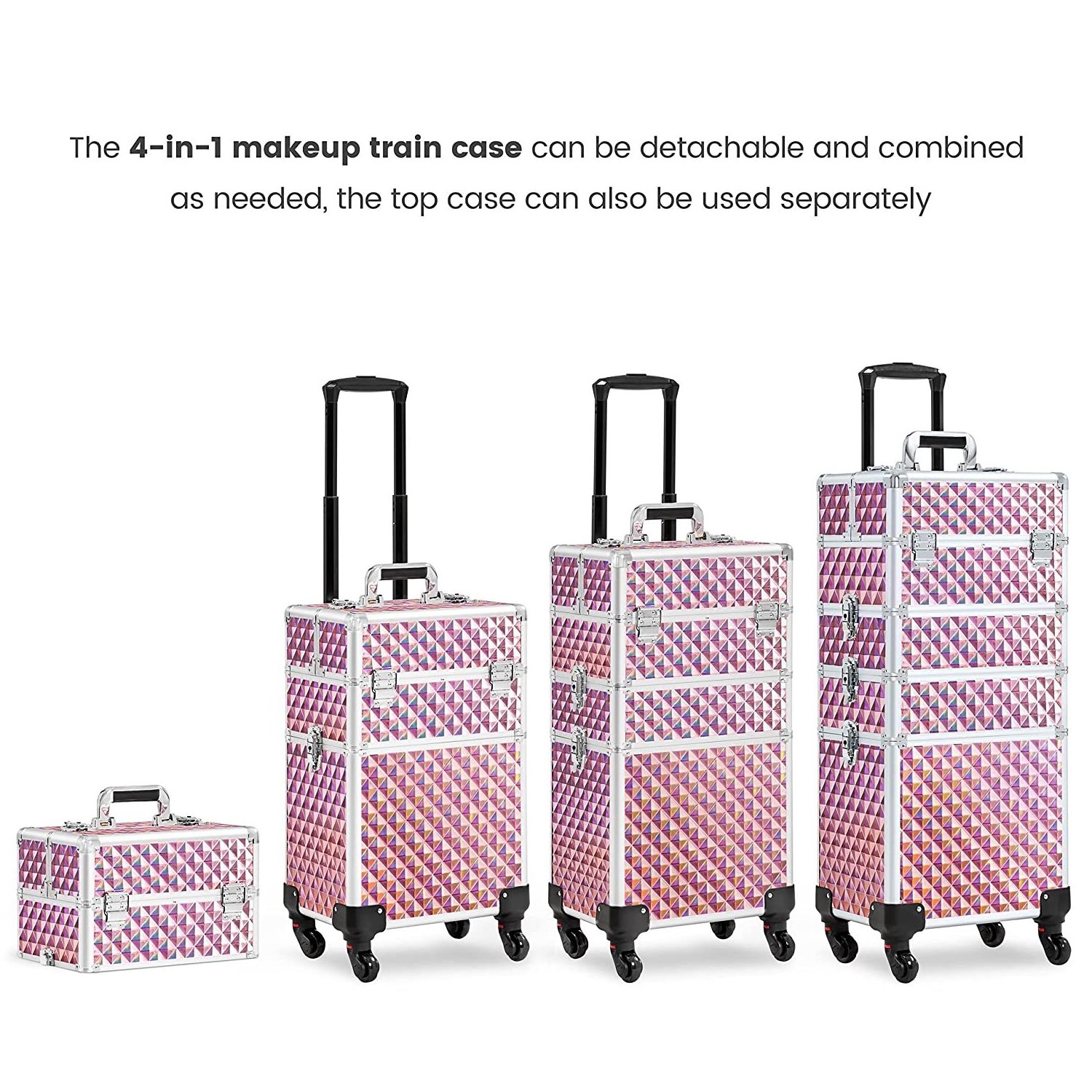 4 in 1 Professional Aluminum Makeup Train Case Rolling Cosmetic Trolley Makeup Case Organizer Makeup Travel Case