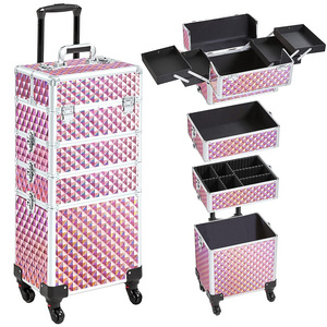 4 in 1 Professional Aluminum Makeup Train Case Rolling Cosmetic Trolley Makeup Case Organizer Makeup Travel Case