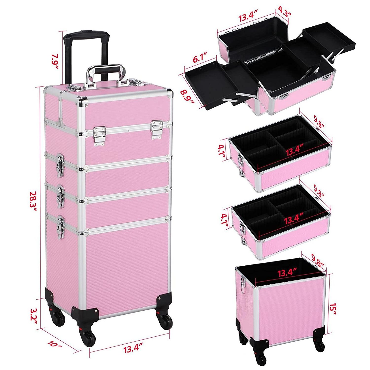 Professional Travel Makeup Train Case Rolling Pink 4 in 1 Large Makeup Cosmetic Case On Wheels Makeup Organizer Storage