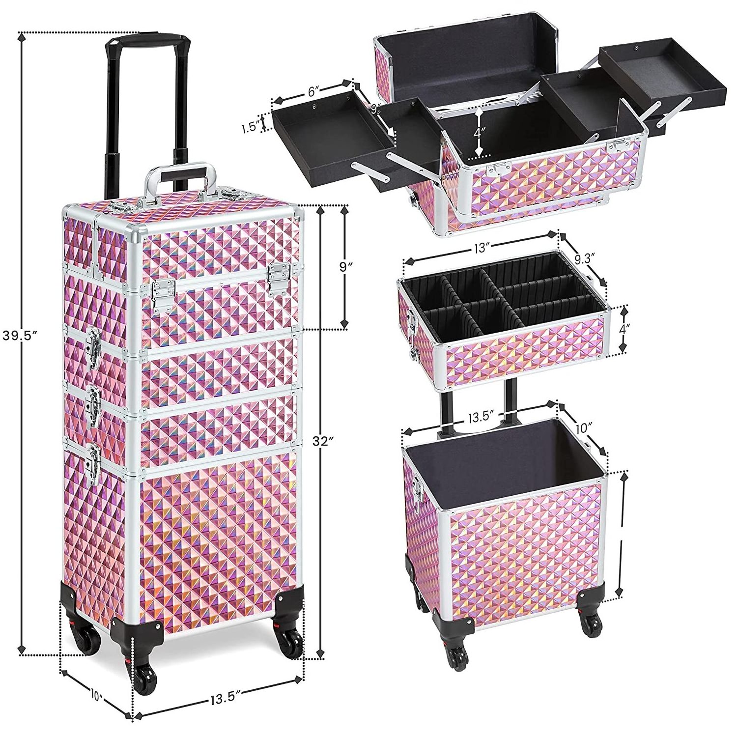 4 in 1 Professional Aluminum Makeup Train Case Rolling Cosmetic Trolley Makeup Case Organizer Makeup Travel Case