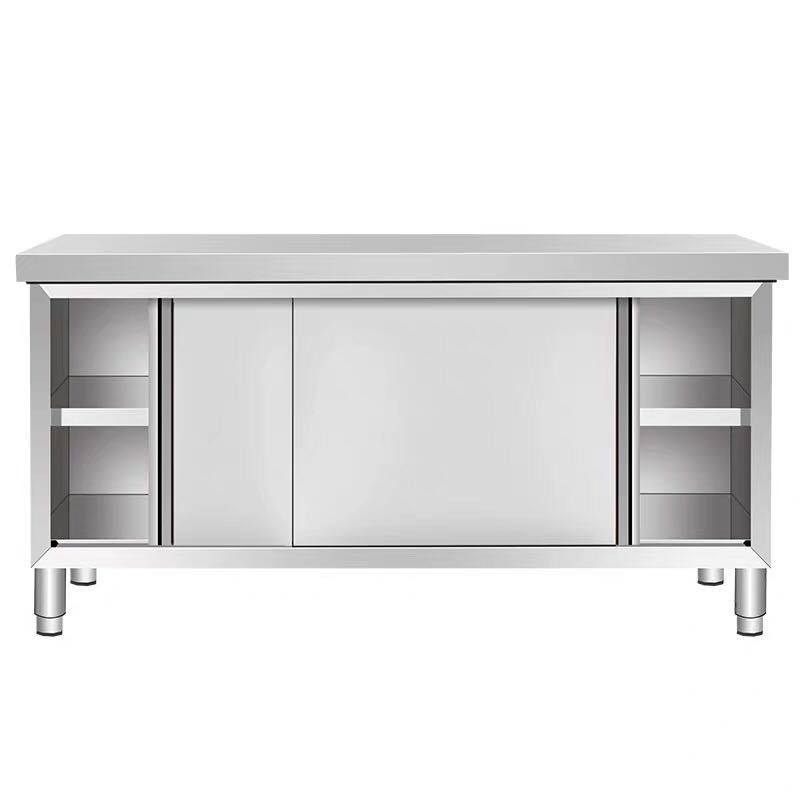 hotel restaurant heavy duty  food grade stainless steel double doors storge kitchen table steel work bench with sliding door