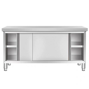 hotel restaurant heavy duty  food grade stainless steel double doors storge kitchen table steel work bench with sliding door