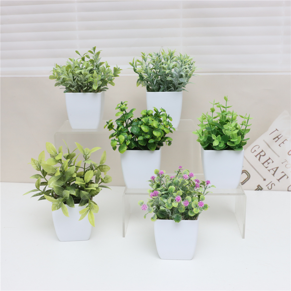 Artificial Plants Small Mini Potted Plastic Grass Leaves for Christmas Home Office Living Room Desk Decor