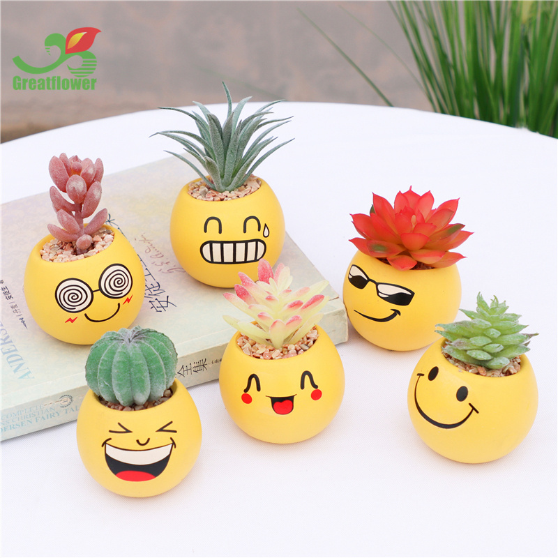 Modern custom cheap smile face round yellow glazed ceramic small bulk flower pots with Artificial Succulents for decor