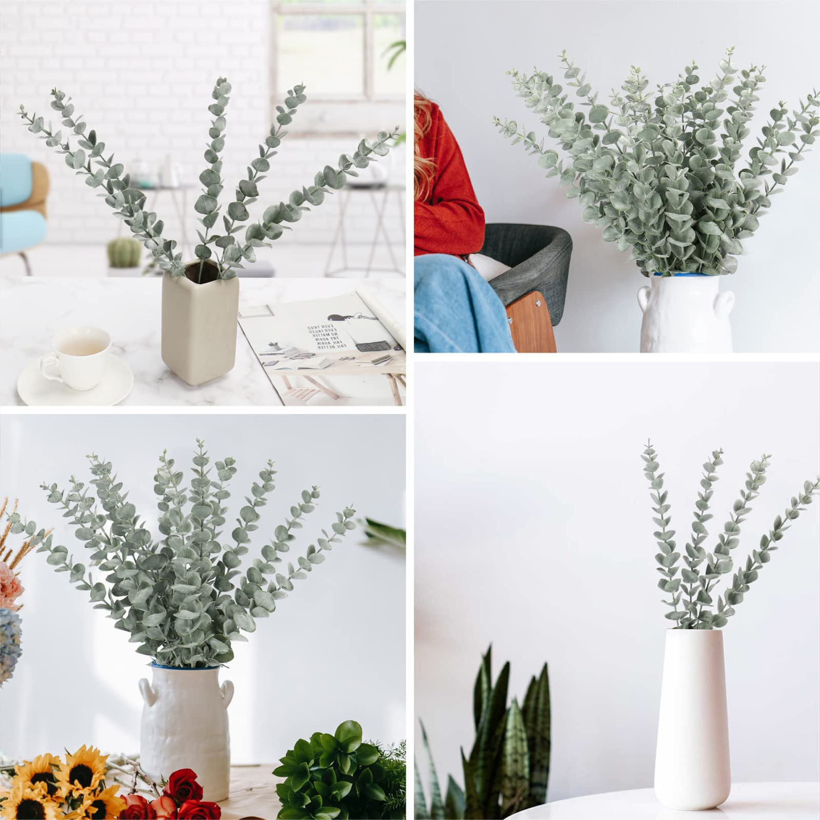 46CM   Leaf Faux Bouquet Real Touch Frosted Artificial Eucalyptus Leaves Branch For Home Office Room Centerpiece Decoration