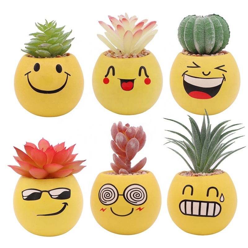 Modern custom cheap smile face round yellow glazed ceramic small bulk flower pots with Artificial Succulents for decor