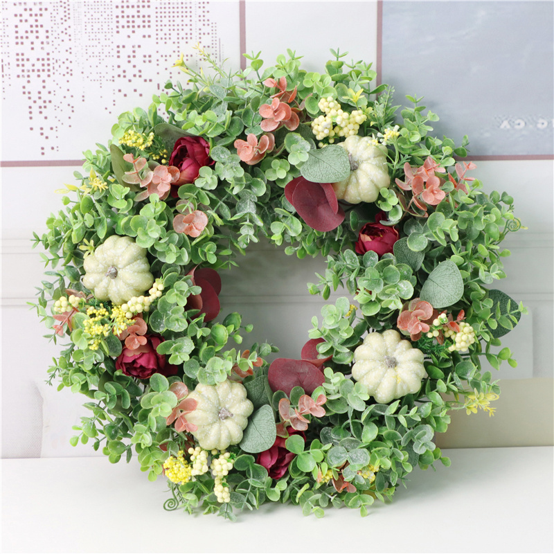 Wholesale DIA 49 CM Artificial  Eucalyptus Leaf Artificial Pumpkin White Wreath For Wall Door Christmas Hanging Decoration