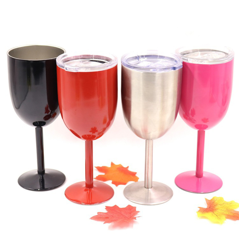 12 Oz Double Walled Unbreakable 18/8 Stainless Steel Wine Glasses Stem Wine Goblet with Splash Proof Lid