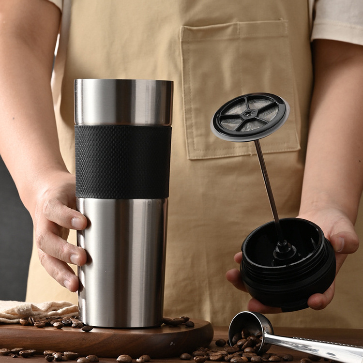 Custom Logo 500ml Double Wall Stainless Steel French Press Coffee Travel Mug Portable Vacuum Insulated Tumbler Coffee Maker