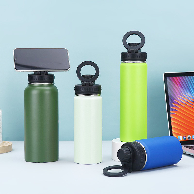 Portable Stainless Steel 32oz/40oz/64oz Vacuum Flask & Thermos with Magnetic Lid Outdoor Sport Water Bottle & Phone Holder