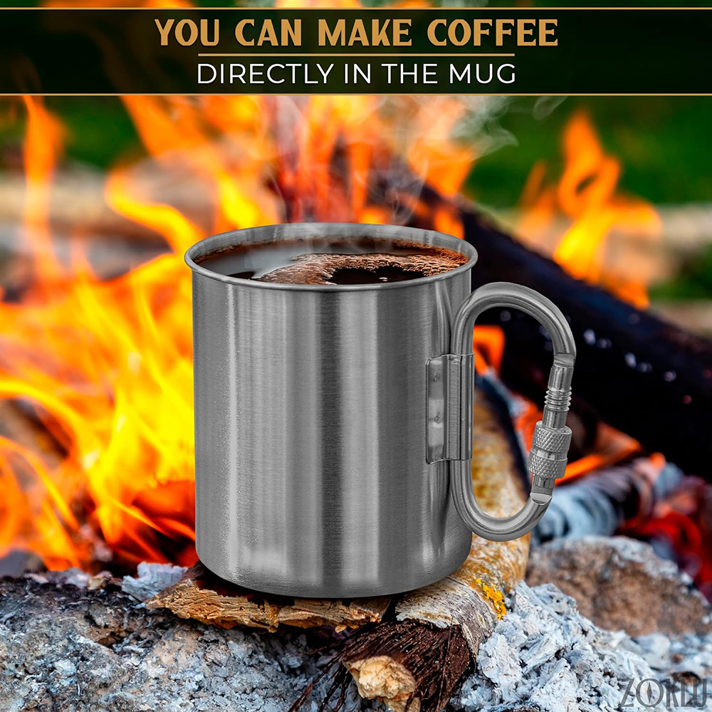 Custom Coffee or Tea Cup for Campfire Direct Single Wall Stainless Steel 250ml Backpack Camping Mug with Carabiner Hook