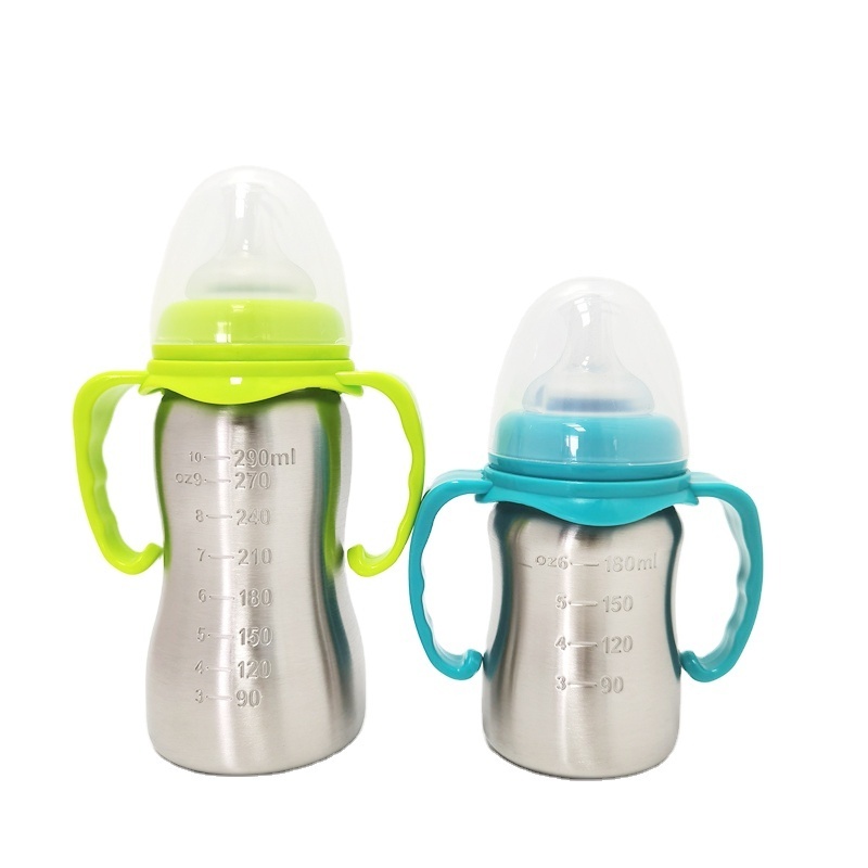 304 Stainless Steel 290ml Portable Baby Feeding Bottle High Quality Infant Milk Bottle with Scale Mark Food Grade