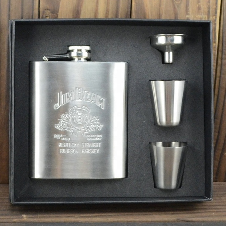 Premium Quality Stainless Steel 7oz Hip Flask Gift Set With Funnel and Shot Glasses