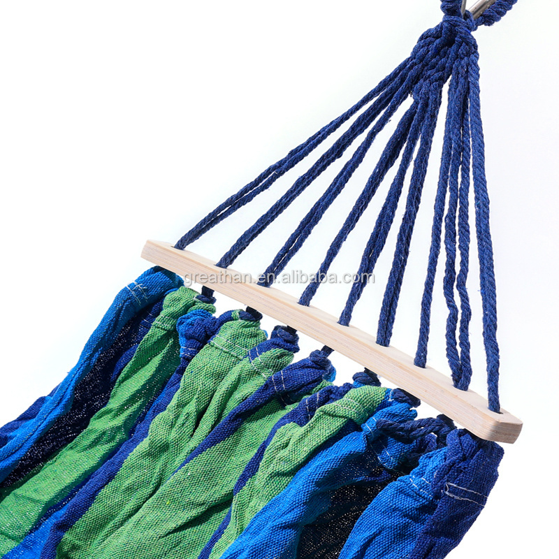 Extra Large Blue Green Striped Adult Hammock with Wooden Spreader Bar for Patio and Garden