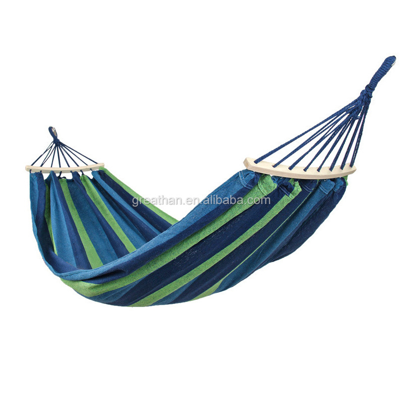 Extra Large Blue Green Striped Adult Hammock with Wooden Spreader Bar for Patio and Garden