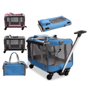 Outdoor Travel Telescopic Handle and Shoulder Strap Foldable Cat Dog Carrier Airline Approved Rolling Pet Carrier with Wheels