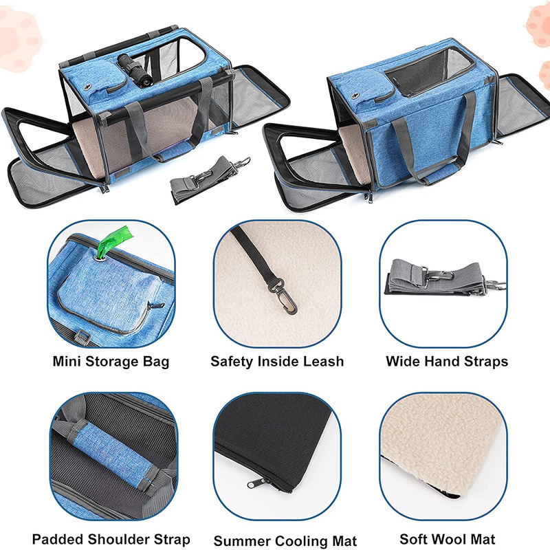 Outdoor Travel Telescopic Handle and Shoulder Strap Foldable Cat Dog Carrier Airline Approved Rolling Pet Carrier with Wheels