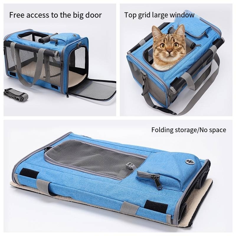 Outdoor Travel Telescopic Handle and Shoulder Strap Foldable Cat Dog Carrier Airline Approved Rolling Pet Carrier with Wheels