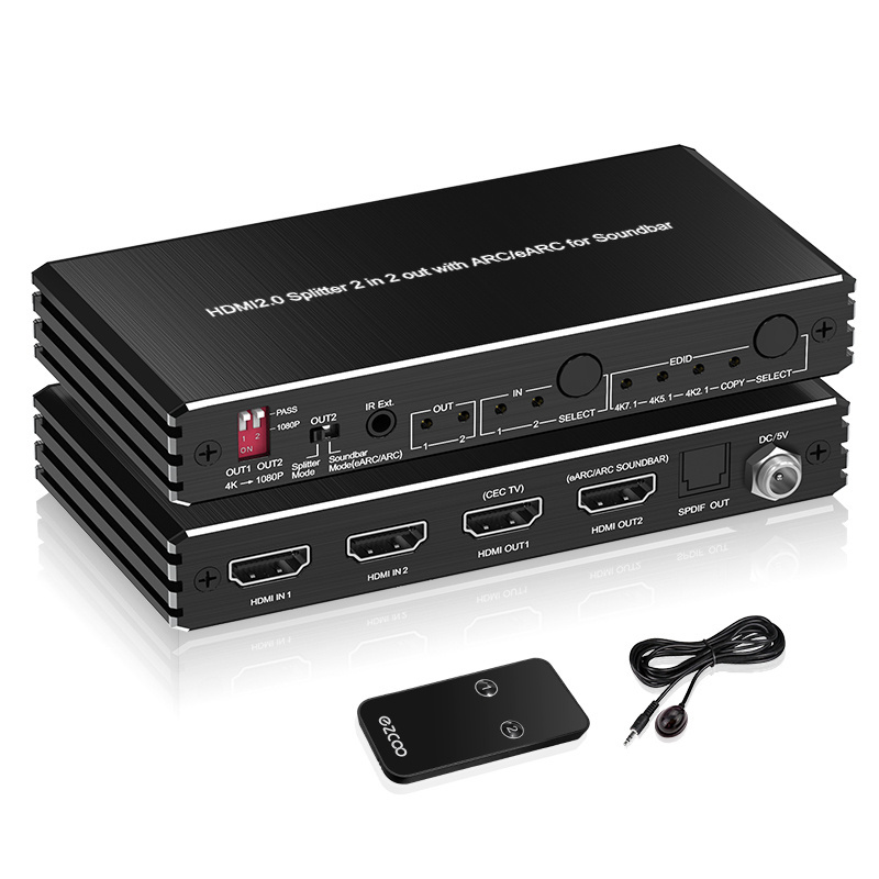 2 in 2 out HDMl 2.0 Splitter 2x2 4k hdmi splitter support 4K@60 4:4:4 8bit HDR, Scaler Output Audio Output ARC/eARC for Soundbar