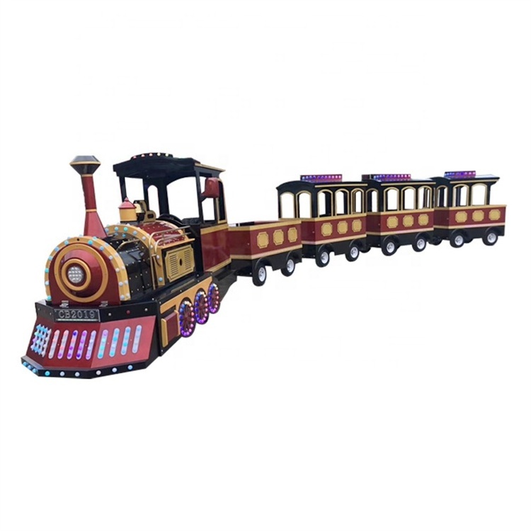 Popular tourist attraction fun park rides family game 1 locomotive 4 coaches electric road steam trackless train for sale