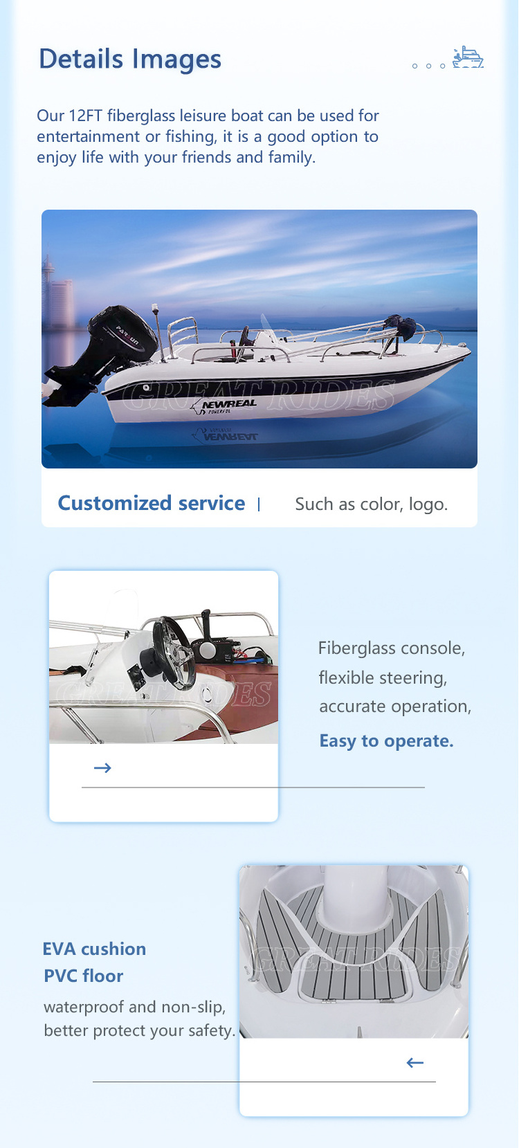 High quality 3.6m fiberglass speed fishing sea boat optional outboard engine speed leisure boat for sale