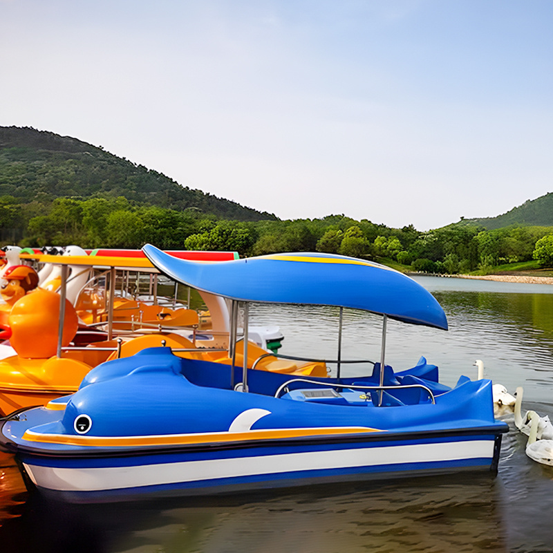 High quality 4 seats water park games equipment dolphin fiberglass pedal boat sea floating car for children and adults