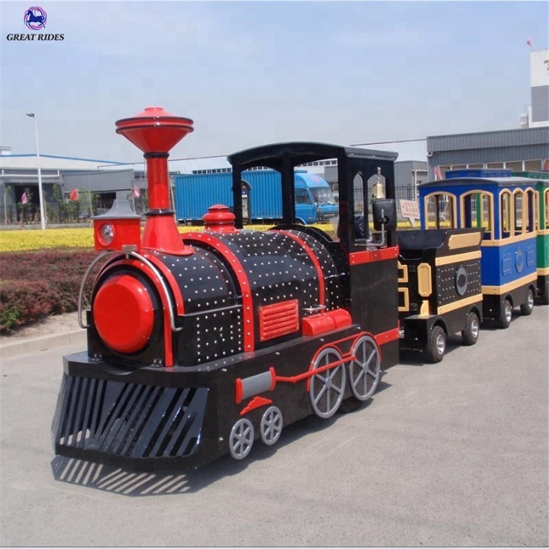 Popular tourist attraction fun park rides family game 1 locomotive 4 coaches electric road steam trackless train for sale