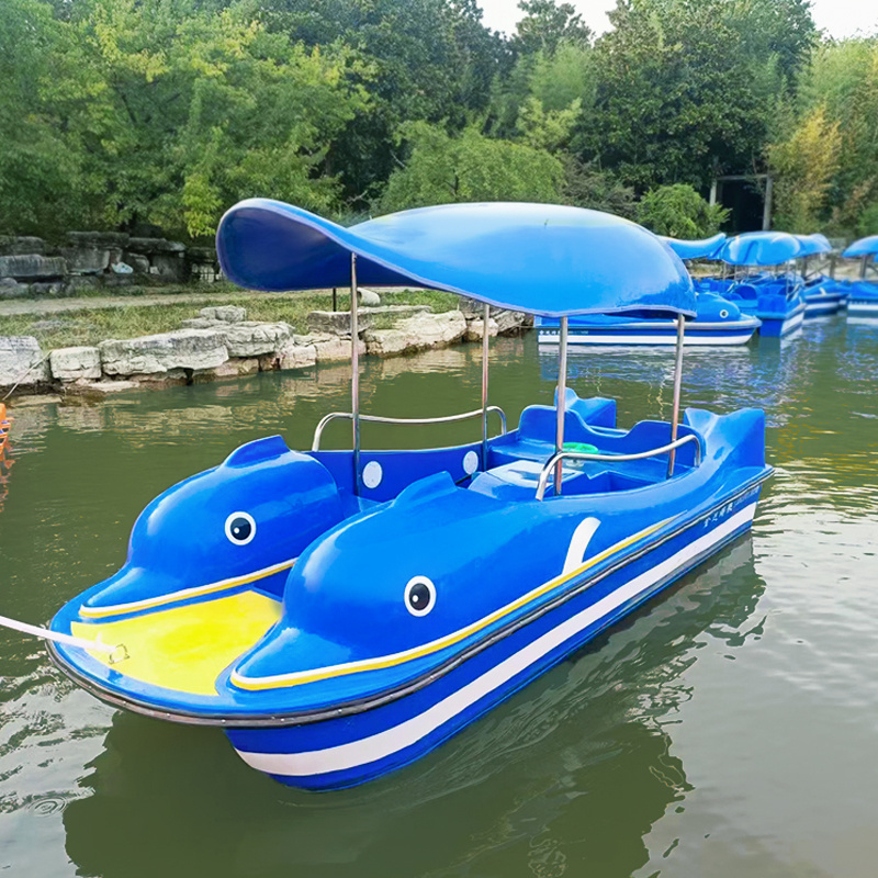 High quality 4 seats water park games equipment dolphin fiberglass pedal boat sea floating car for children and adults