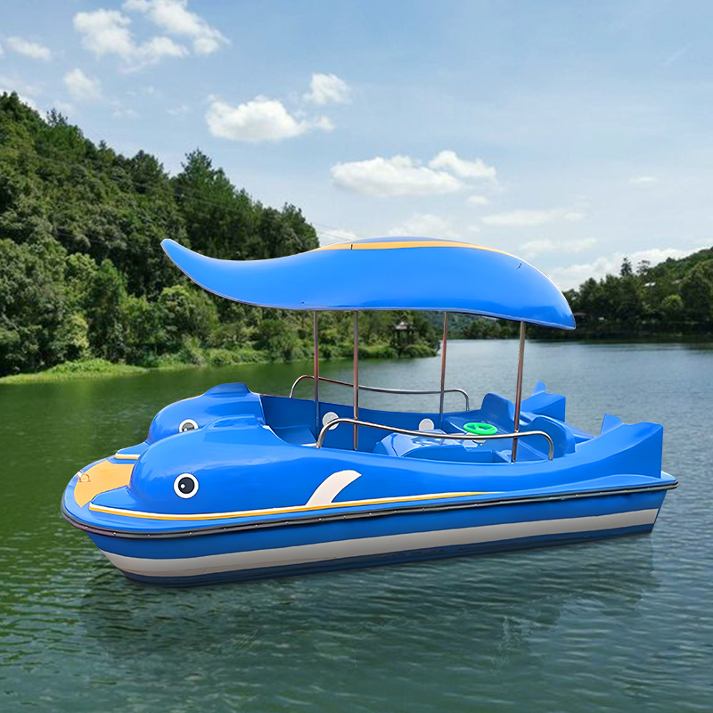 High quality 4 seats water park games equipment dolphin fiberglass pedal boat sea floating car for children and adults