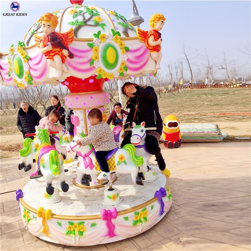 Factory price amusement park games kids ride electric fiberglass mini carousel horses merry go round for sale