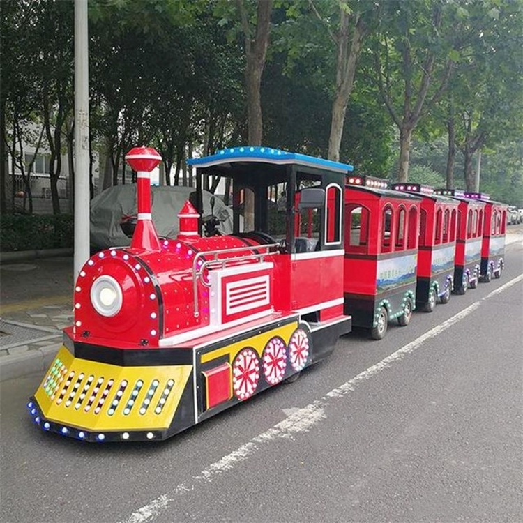 Popular tourist attraction fun park rides family game 1 locomotive 4 coaches electric road steam trackless train for sale