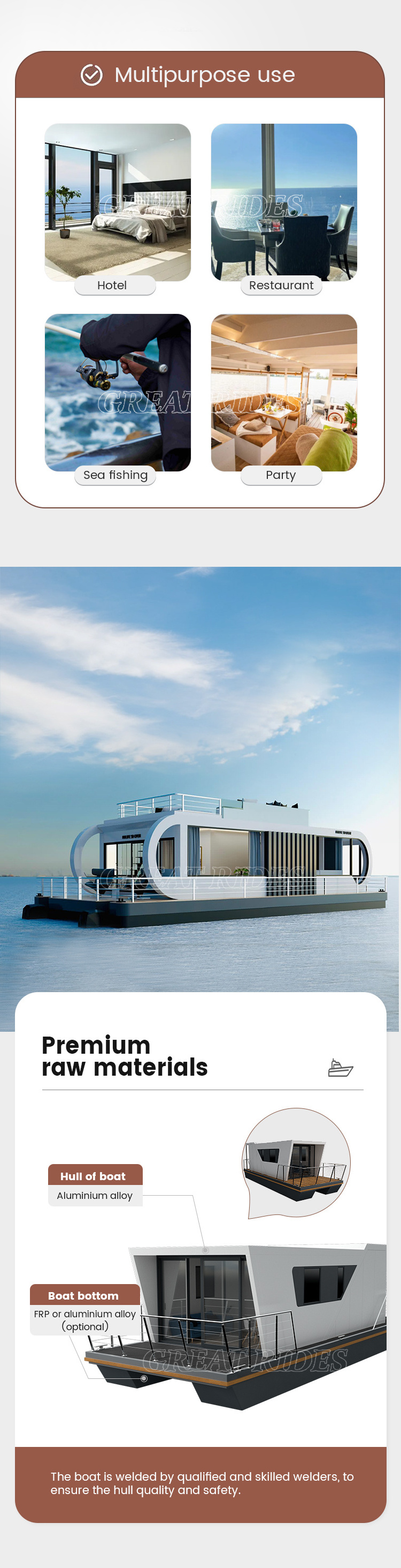 Customize Style and Size House Boat Yacht Luxury Aluminum Pontoon Houseboat for Sale