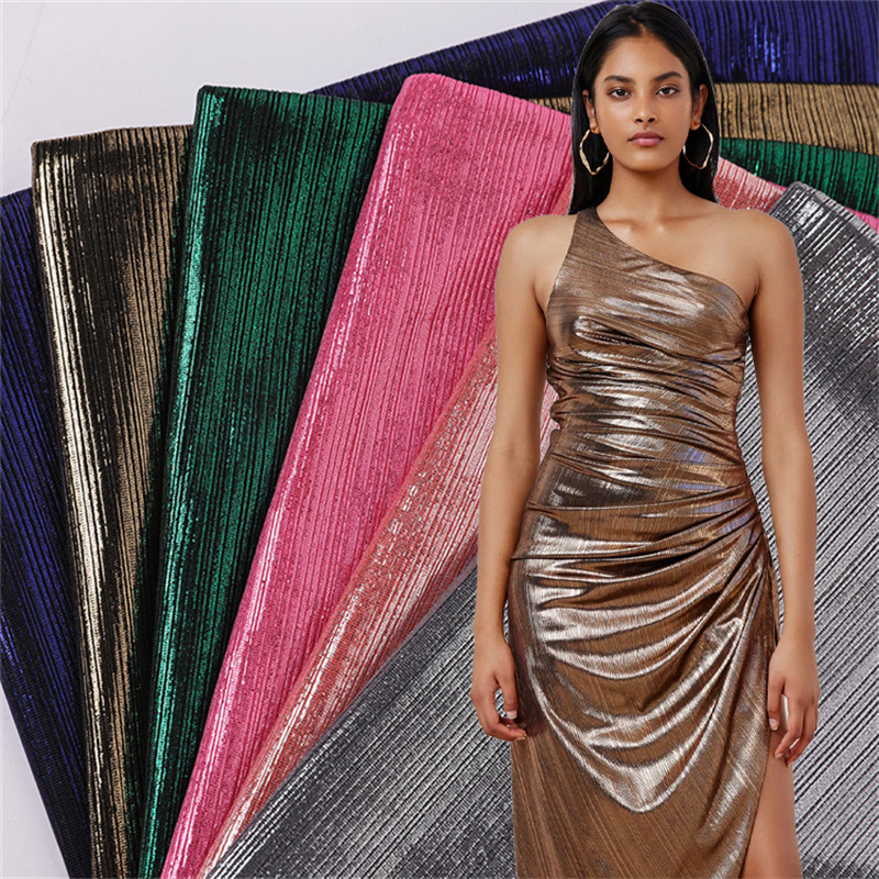 Satin Shinny Liquid 100 Polyester Knit Crystal Laser Holographic Pleated Lurex Evening Dress Metallic Foil Coated Silk Fabric