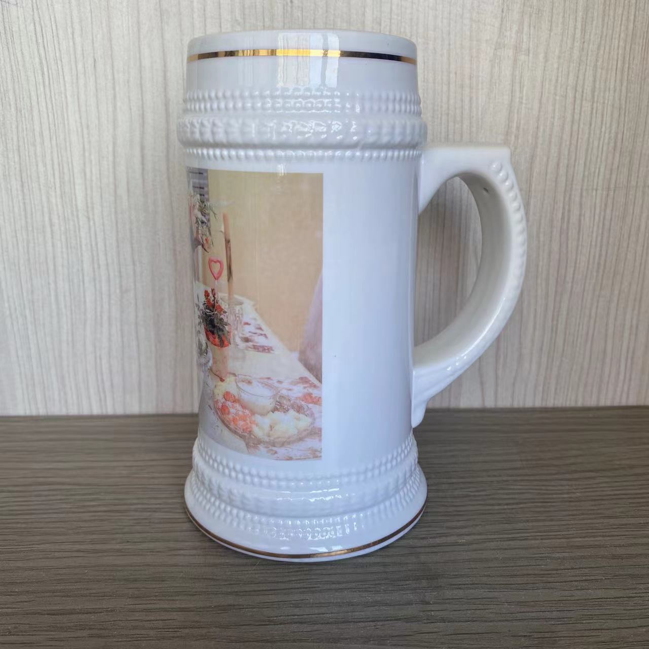 22oz Classic White German Beer Steins with Gold Trim Ceramic Handgrip Design Sublimation Mugs