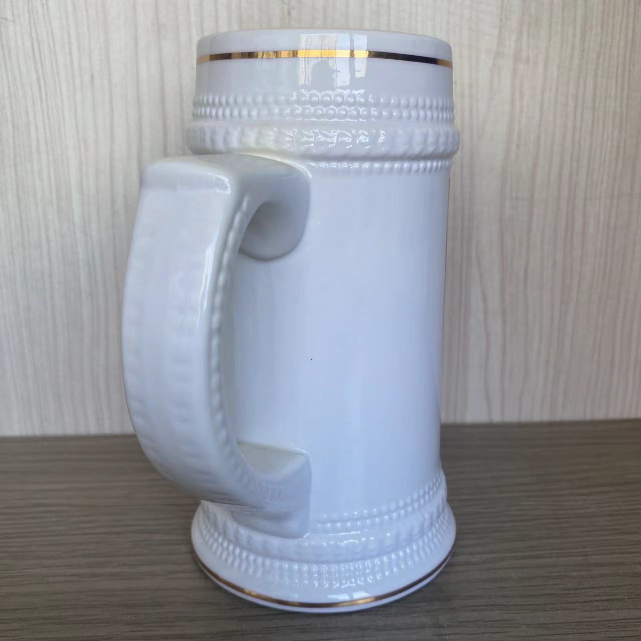 22oz Classic White German Beer Steins with Gold Trim Ceramic Handgrip Design Sublimation Mugs