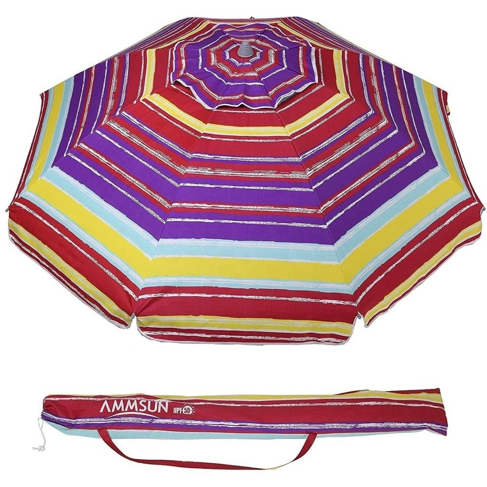 2023 New Anti UV upf 50+ Multi color stripe printing  sand anchor Outdoor Beach Umbrella with tilt and air vent