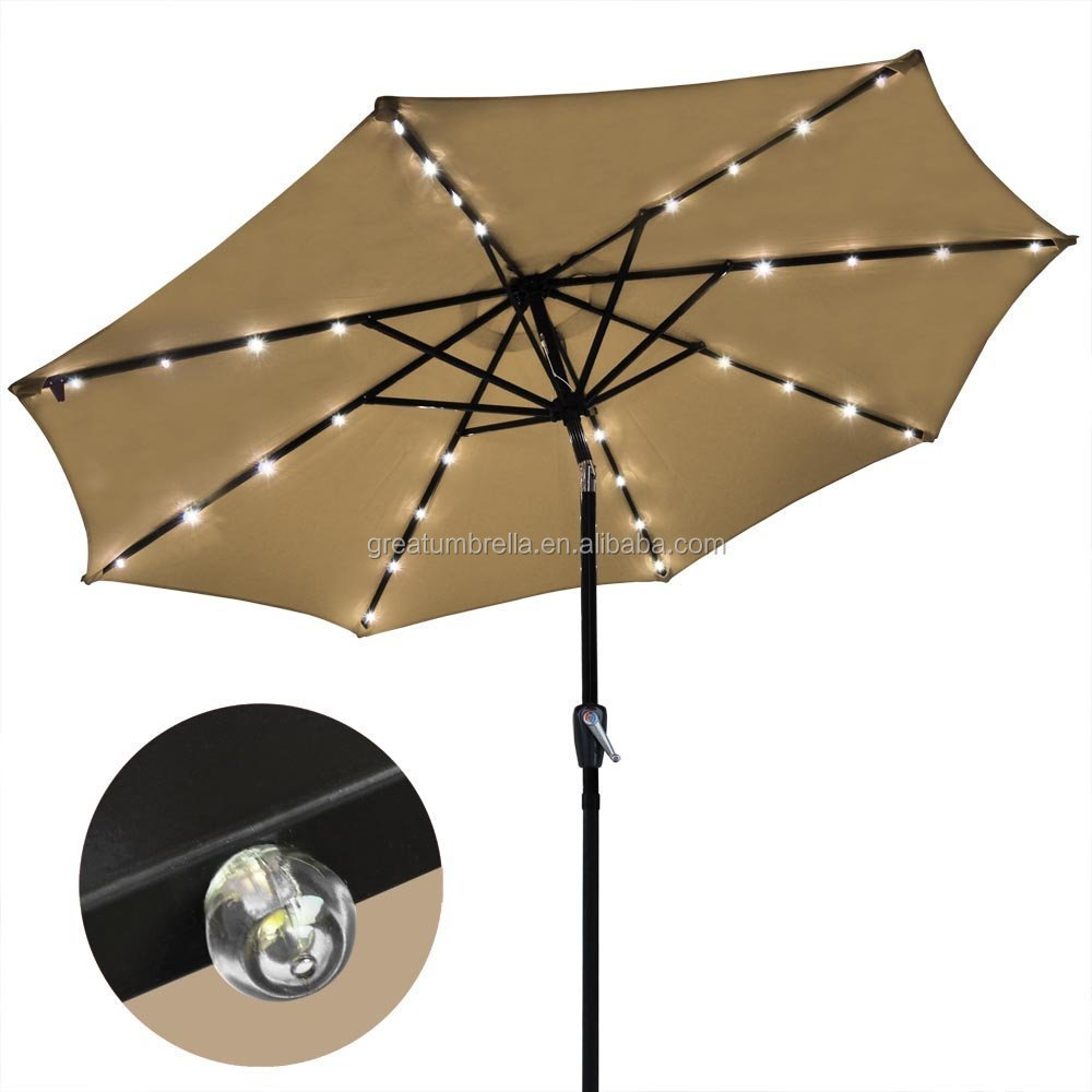 hexagonal crank easy open  solar powered LED lights deck outdoor garden parasol patio umbrella with lighting system