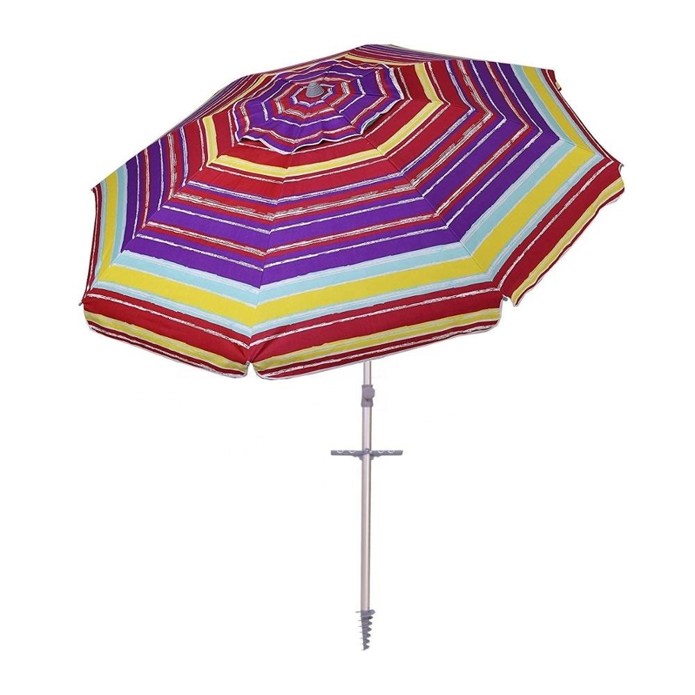 2023 New Anti UV upf 50+ Multi color stripe printing  sand anchor Outdoor Beach Umbrella with tilt and air vent