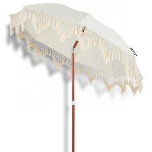 New Coming Wood Fringe Beach Umbrellas with tassels  Custom Printed Fringe  High Quality Outdoor Garden Umbrella for Restaurant