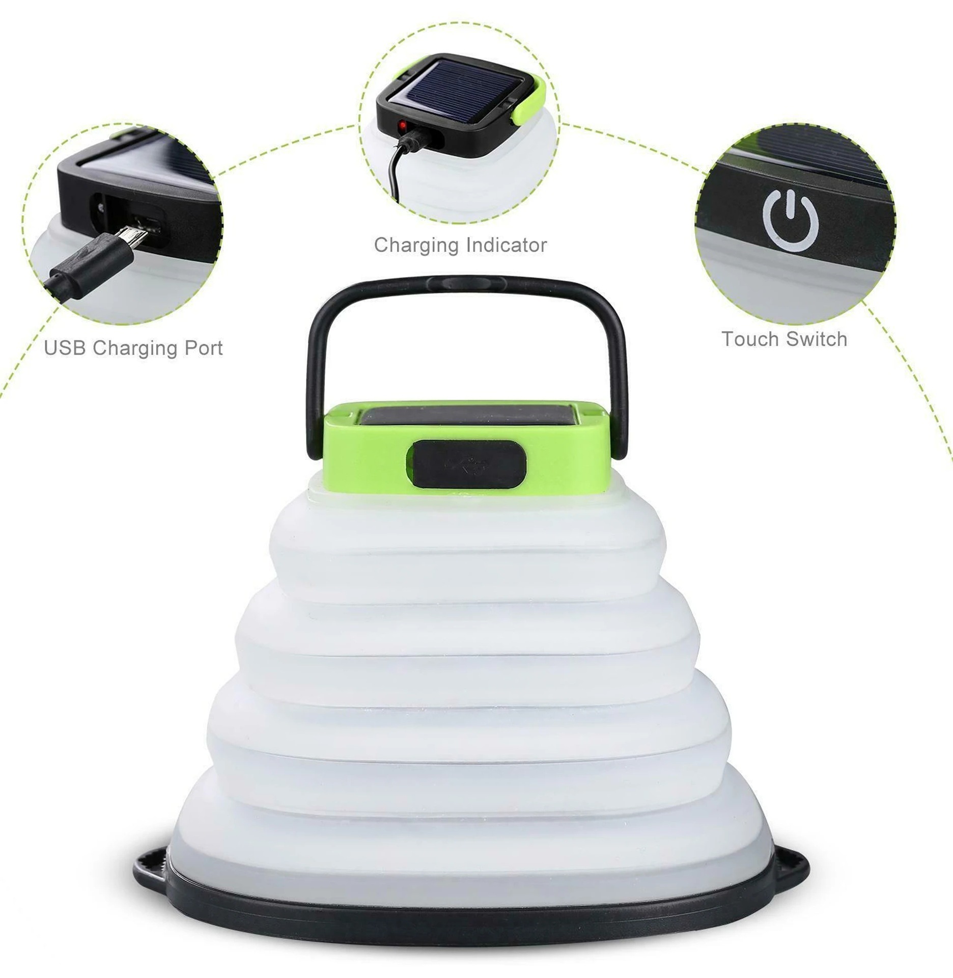 Portable Collapsible Waterproof Hanging Hook Solar LED Lamp Light Lantern With USB