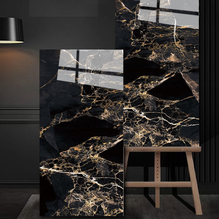 Foshan Luxury Wall Panel Full Polishing Large Size Black Marble Porcelain Tiles For Villa Interior Wall Floor Decoration