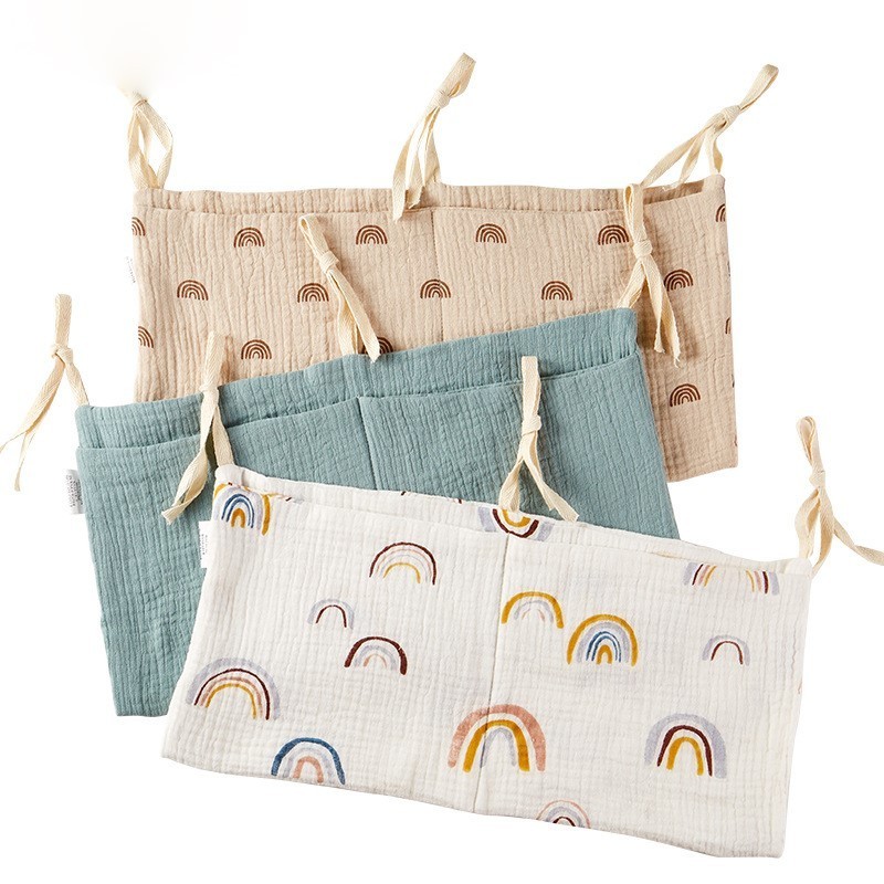 Low MOQ Nature Cotton Nursery Crib Organizer Toys Diapers Storage Pouch Bags High Quality Muslin Baby Hanging Bag