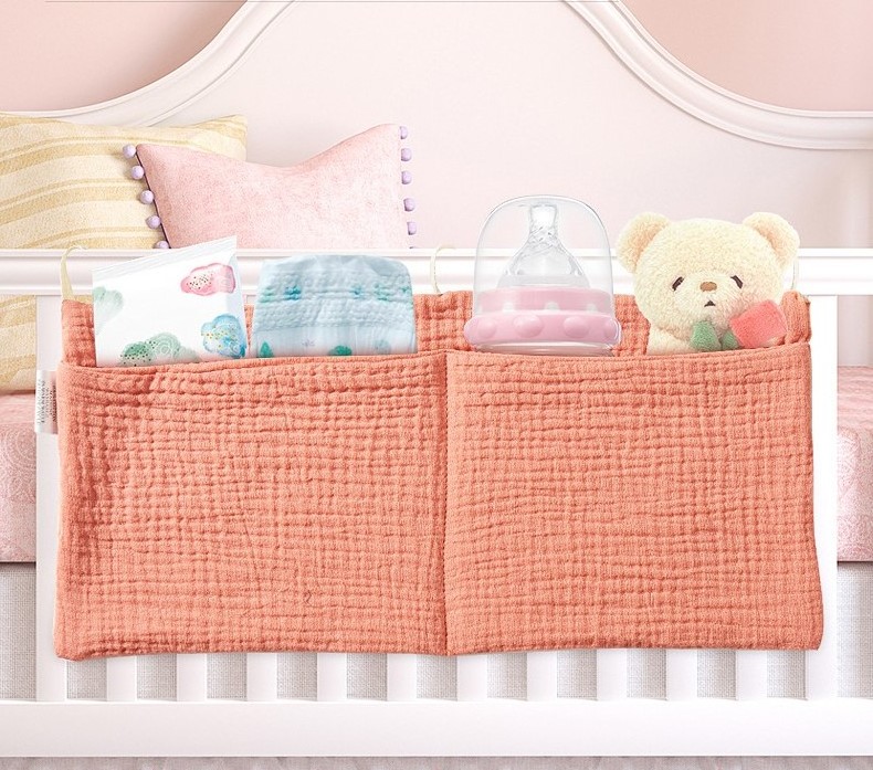 Low MOQ Nature Cotton Nursery Crib Organizer Toys Diapers Storage Pouch Bags High Quality Muslin Baby Hanging Bag