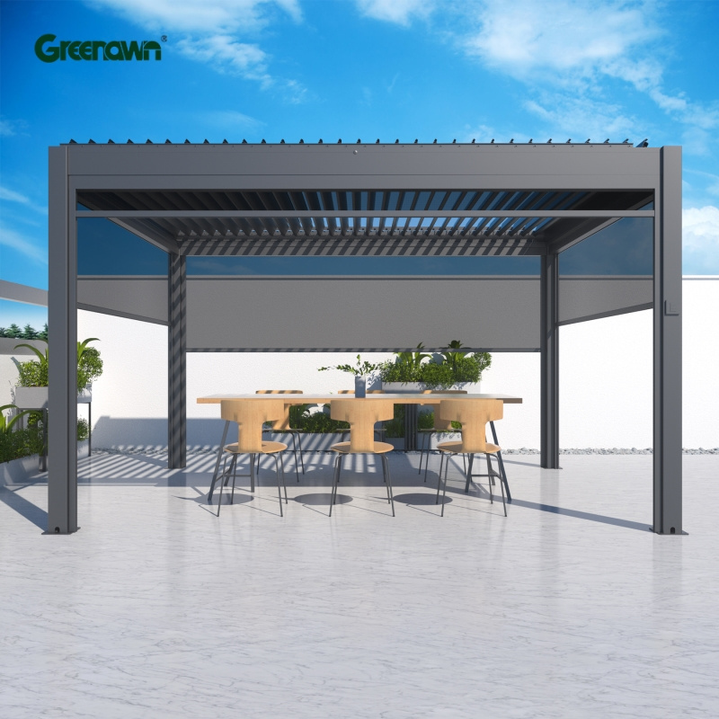 Light Modern Bioclimatic Pergola Gazebo with Blinds Glass Door Outdoor Waterproof Motorized Louvered Aluminum Pergola