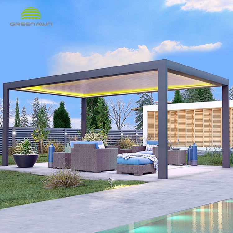 Aluminium motorised rainproof outdoor modern flat roof pergola garden gazebo