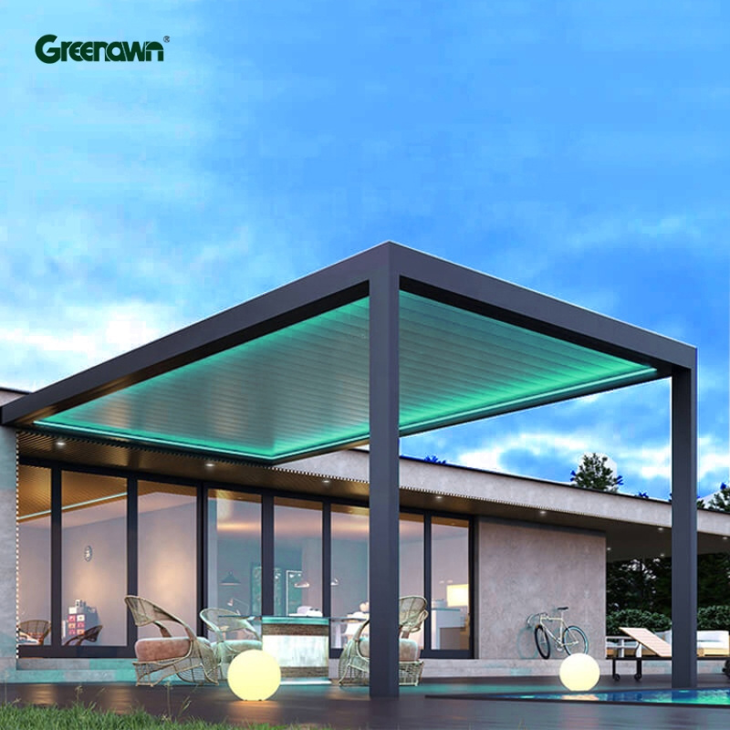 Light Modern Bioclimatic Pergola Gazebo with Blinds Glass Door Outdoor Waterproof Motorized Louvered Aluminum Pergola